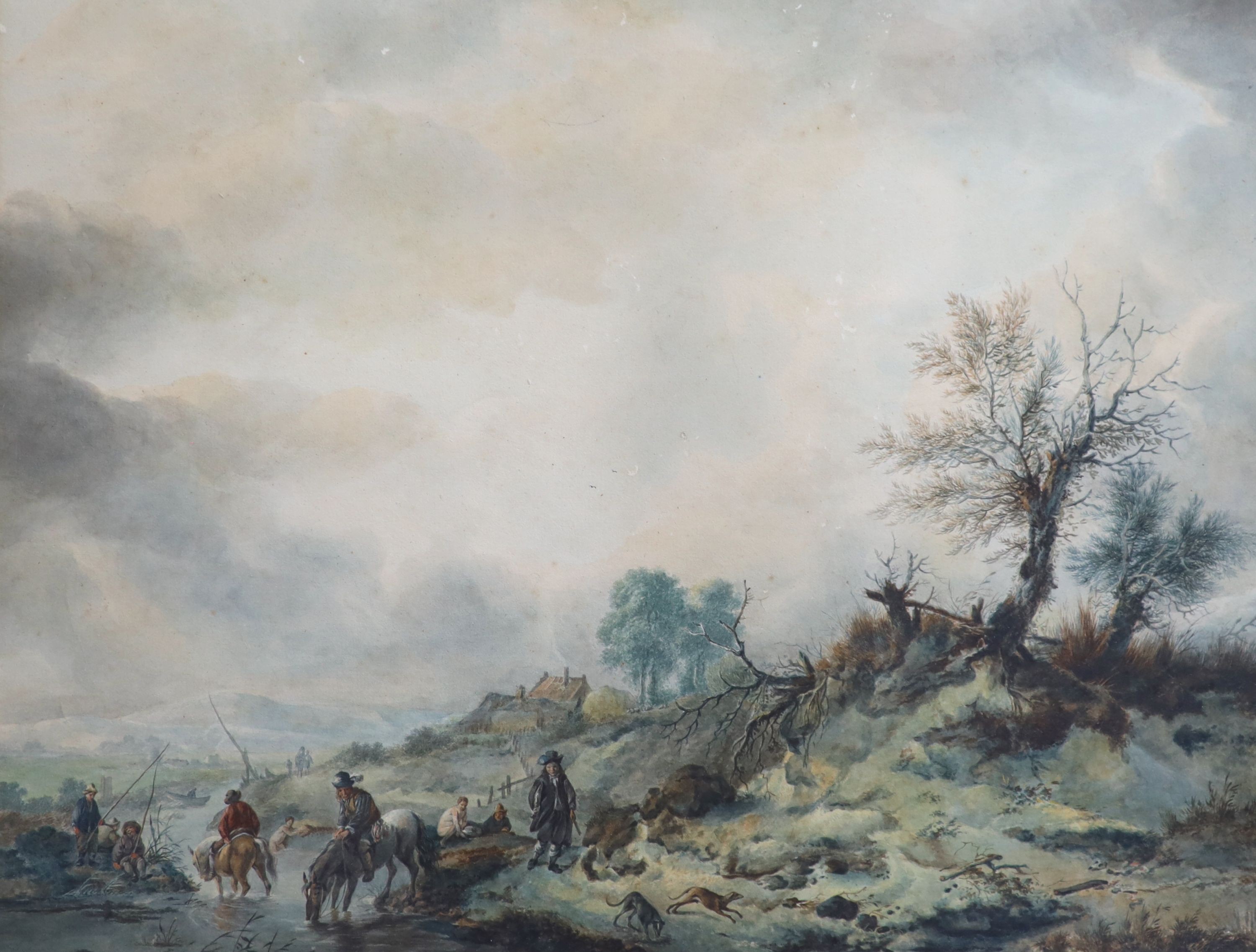 18th century Flemish School, Figures in a winter landscape, Watercolour, 35 x 44cm.